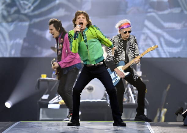 Rolling Stones guitar player Ronnie Wood, Rolling Stones singer Mick Jagger and Rolling Stones guitar player Keith Richards perform during a concert...