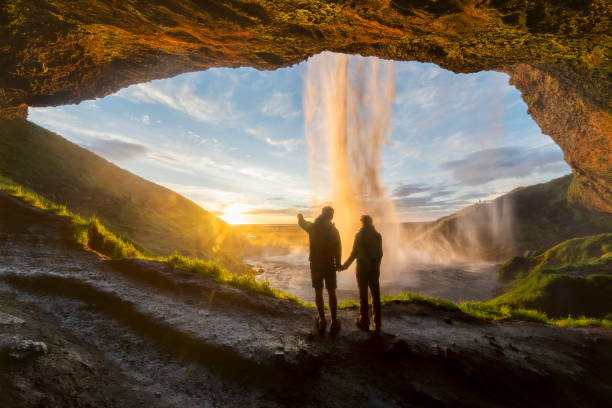 romantic sunrise with love in iceland - seljalandsfoss - travel stock pictures, royalty-free photos & images