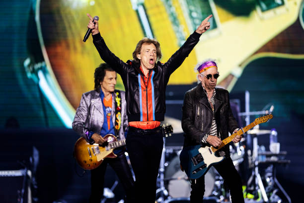 Ron Wood, Mick Jagger and Keith Richards of The Rolling Stones performs on stage during a concert as part of their 'Stones Sixty European Tour' on...