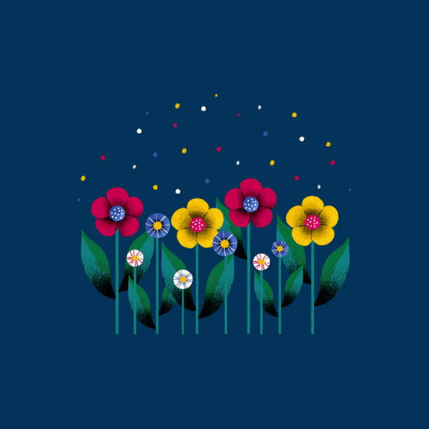 row of spring colorful bouquet flowers. flat design on dark blue background. digital illustration - garden decoration stock pictures, royalty-free photos & images