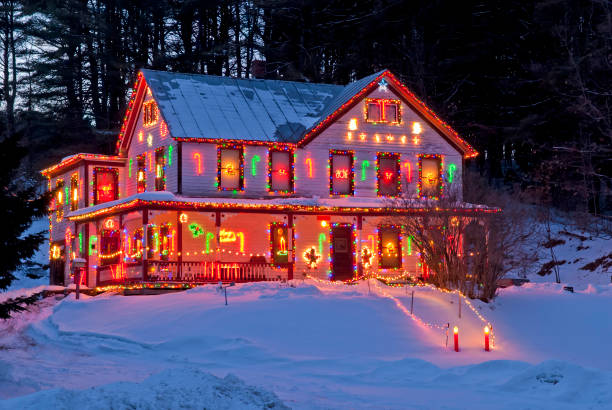 rural house with christmas/winter season lights - i - home decoration stock pictures, royalty-free photos & images