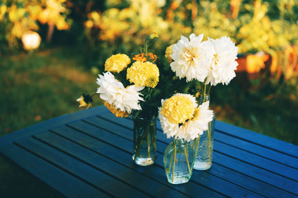 rustic wooden table with elegant flower bouquet in summer garden - garden decoration stock pictures, royalty-free photos & images