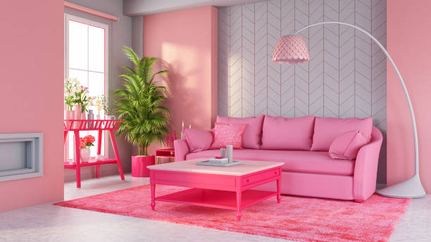 sala de estar rosa pastel con sofá y muebles - home decoration fotografías e imágenes de stock