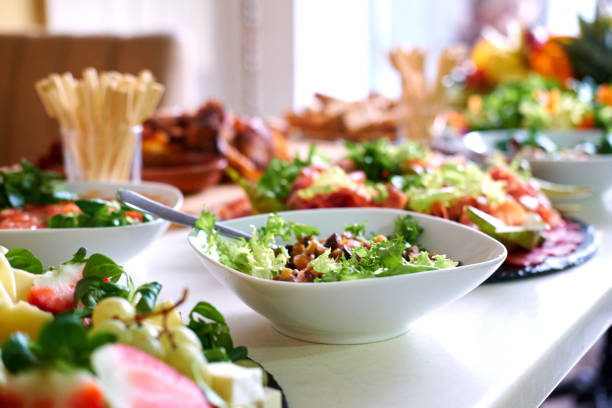 salads and snacks on a table - food stock pictures, royalty-free photos & images