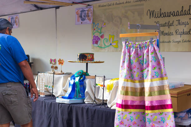 santa fe indian market 2022: native fashion designer in booth - fashion stock pictures, royalty-free photos & images