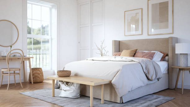 scandinavian bedroom interior - stock photo - home decoration stock pictures, royalty-free photos & images