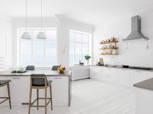 scandinavian design minimalist kitchen interior - home decoration stock pictures, royalty-free photos & images