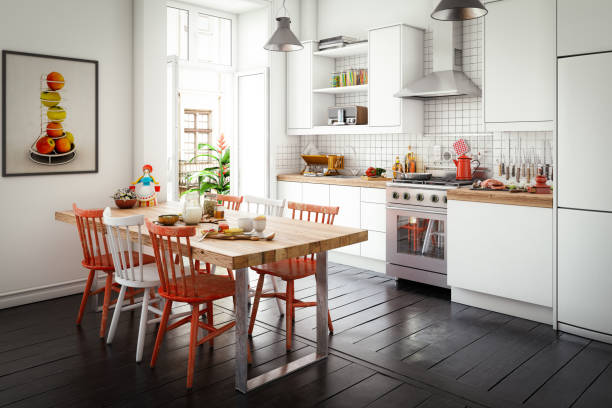 scandinavian domestic kitchen and dining room - home decoration stock pictures, royalty-free photos & images