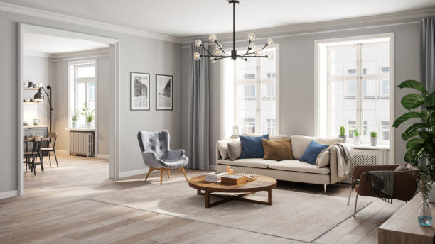 scandinavian style cozy living room interior - home decoration stock pictures, royalty-free photos & images