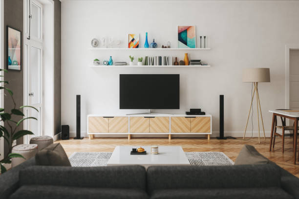 scandinavian style modern living room with entertainment center - home decoration stock pictures, royalty-free photos & images