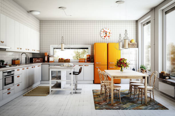 scandinavische binnenlandse keuken - home decoration stockfoto's en -beelden