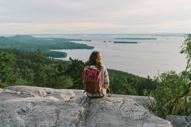 scenic view of woman looking at lake in finland - travel stock pictures, royalty-free photos & images