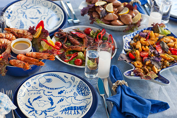 seafood table - home decoration stock pictures, royalty-free photos & images