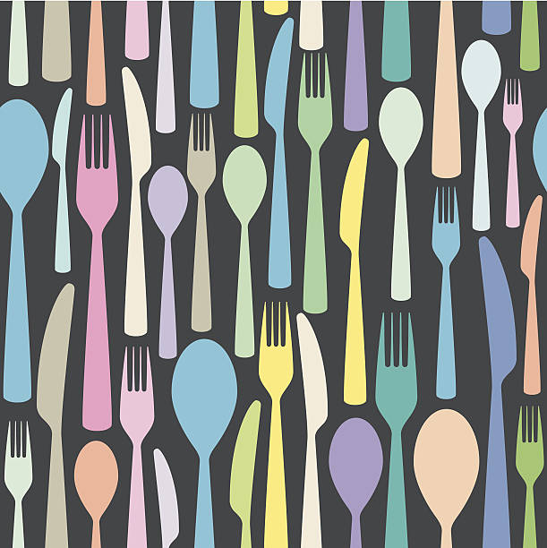seamless cutlery themed colorful pattern - food stock illustrations