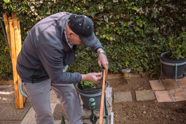 senior making a flower holder and a table in one - garden decoration stock pictures, royalty-free photos & images