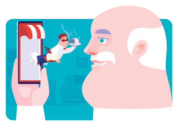 senior man meeting waiter with domed tray on smartphone - junk food stock illustrations
