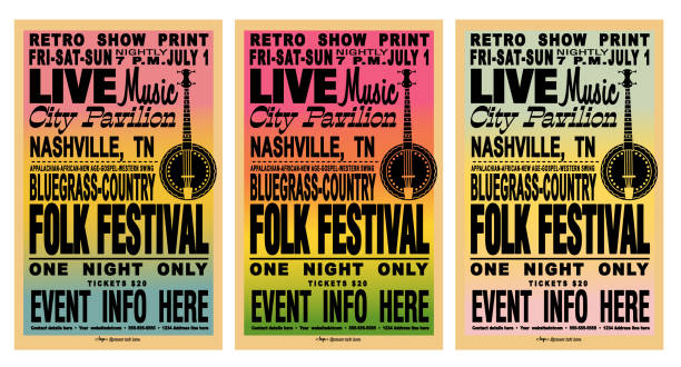 set of folk festival hatch style retro poster typography design template with gradient background and banjo - concert stock illustrations