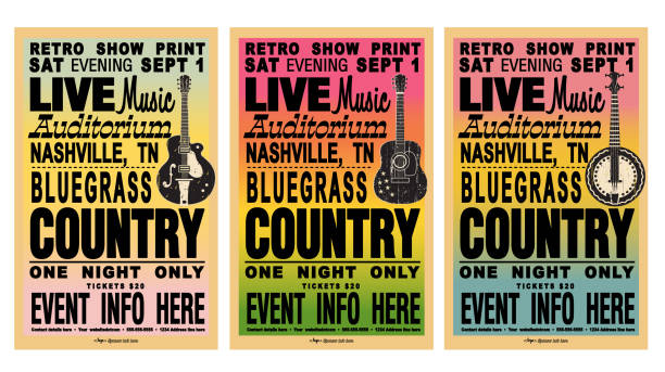 set of nashville country bluegrass style retro poster typography design template with gradient background and instruments guitar, acoustic guitar, banjo - concert stock illustrations