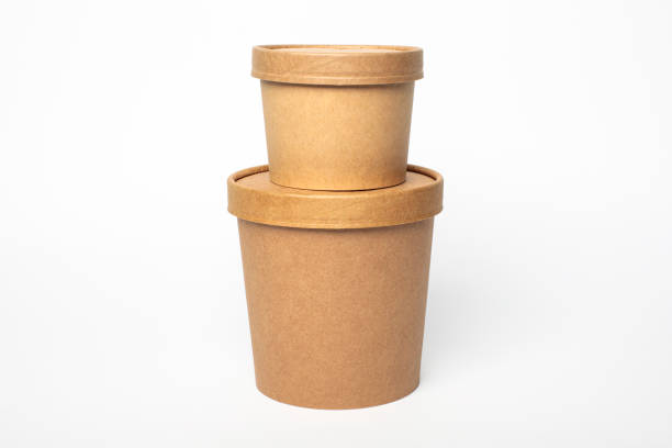 set of paper packaging, brown cardboard on white background. recyclable packaging - junk food stock pictures, royalty-free photos & images