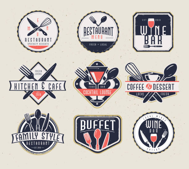 set of restaurant menu and bar labels with unique shapes and text designs as well as utensils and drinkware - food stock illustrations