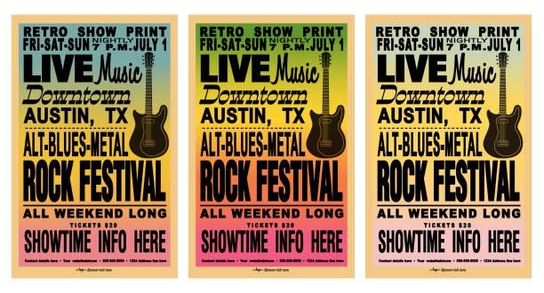 set of rock festival hatch style retro poster typography design template with gradient background and electric guitar - concert stock illustrations
