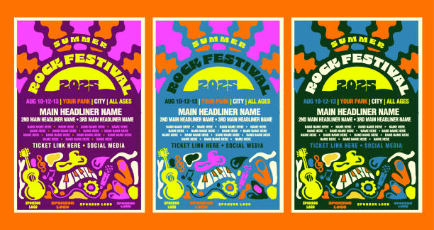 set of summer rock festival with sun and retro poster typography design template with bright colors and abstract shapes - concert stock illustrations
