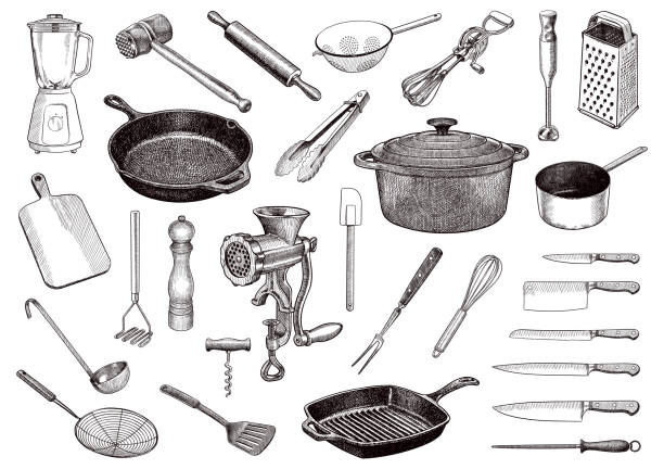 set of vector drawings of kitchen tools - food stock illustrations