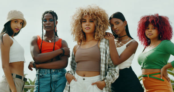 shot of a group of young girl friends in the city - fashion stock pictures, royalty-free photos & images