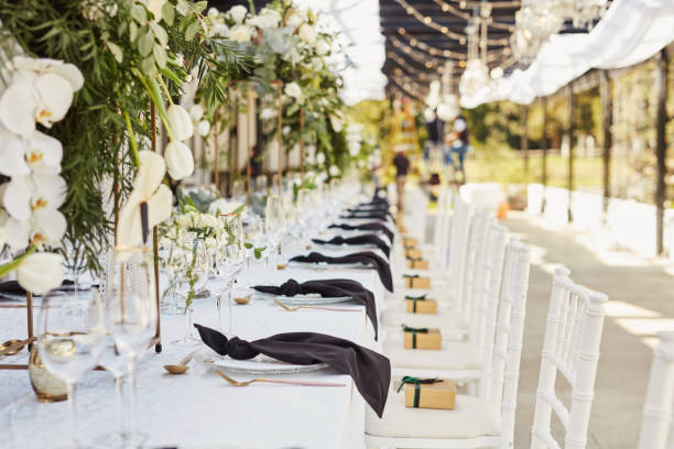 shot of an elegantly decorated table at a wedding reception - garden decoration stock pictures, royalty-free photos & images