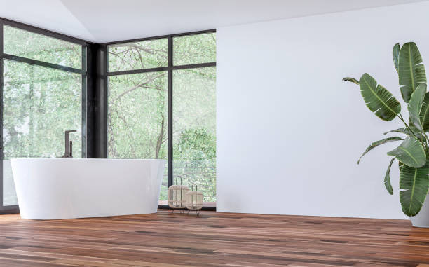 side view of an empty modern luxury bathroom interior with large windows and decoration - garden decoration stock pictures, royalty-free photos & images