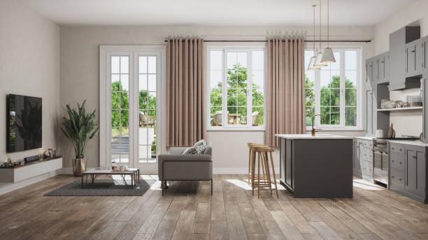 side view of open plan kitchen with living room and garden view from the window - home decoration stock pictures, royalty-free photos & images