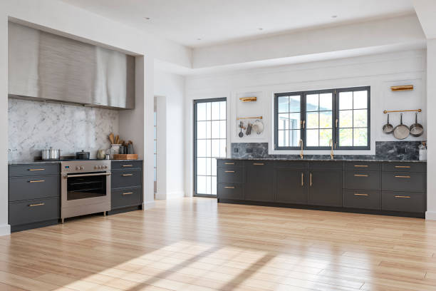 side view of retro anthracite, stainless steel and marble kitchen with old-fashioned windows - food stock pictures, royalty-free photos & images