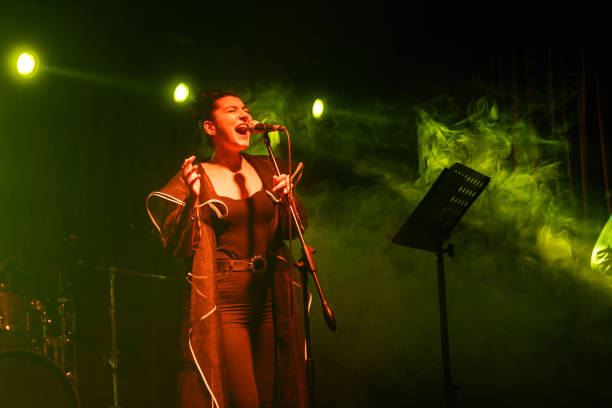 singer of a music band performing on, stage light and smoke effects. - concert stock pictures, royalty-free photos & images