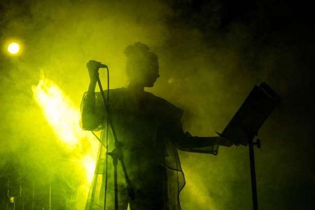 singer performing on, stage light and smoke effects. - concert stock pictures, royalty-free photos & images