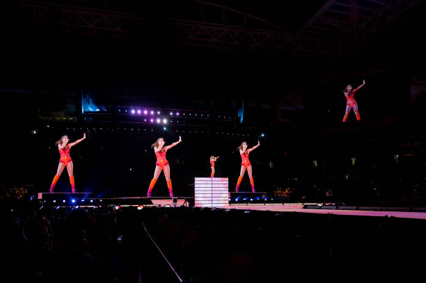 Singer Taylor Swift performs on stage during "The Eras Tour" at the Hard Rock stadium in Miami Gardens, Florida, October 18, 2024. / RESTRICTED TO...