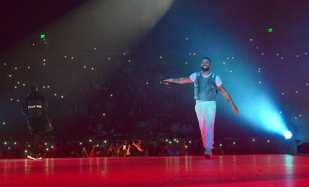 Singer Trey Songz and Drake perform onstage during the Final Stop of 'Aubrey & The three Amigos Tour' at State Farm Arena on November 18, 2018 in...
