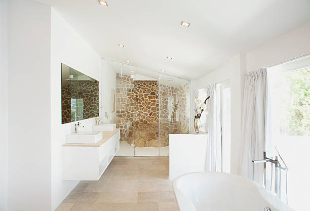 sinks and bathtub in modern bathroom - fashion stock pictures, royalty-free photos & images