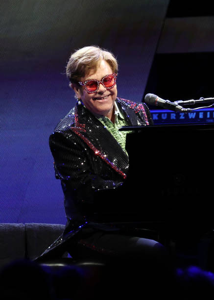 Sir Elton John Performs live on stage during his "Farewell Yellow Brick Road" Tour at The O2 Arena on April 02, 2023 in London, England.