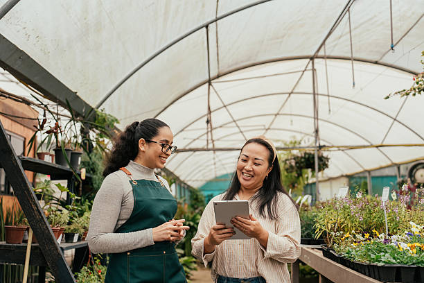 small business owner mentoring employee - garden decoration stock pictures, royalty-free photos & images