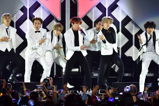 South Korean boy band BTS performs onstage during the KIIS FM's iHeartRadio Jingle Ball at the Forum Los Angeles in Inglewood, California on December...