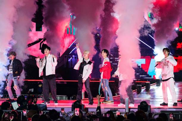 South Korean K-pop group "Ikon" performs during a K-pop concert as part of the Seoul Festa 2023, at the Jamsil stadium in Seoul, on April 30, 2023.