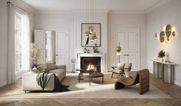 spacious living room with contemporary decor and fireplace - home decoration stock pictures, royalty-free photos & images