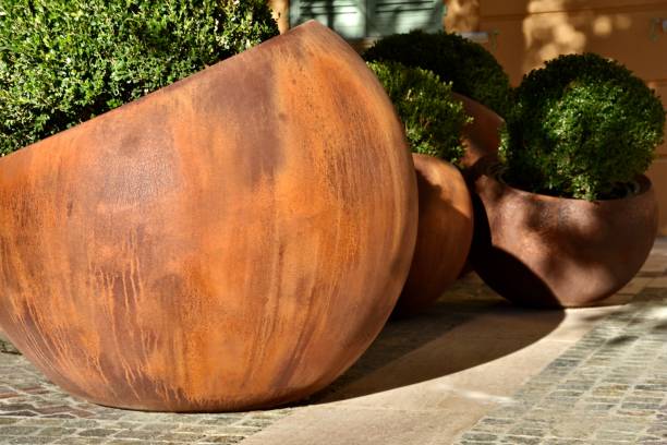 spherical planters at the mairie, frejus (3). - garden decoration stock pictures, royalty-free photos & images