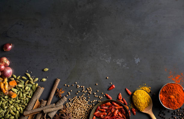 spices on grey background - food fotografías e imágenes de stock