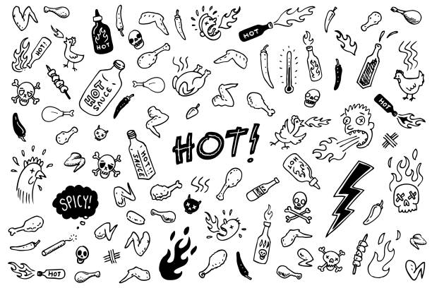 spicy chicken doodle drawings - food stock illustrations