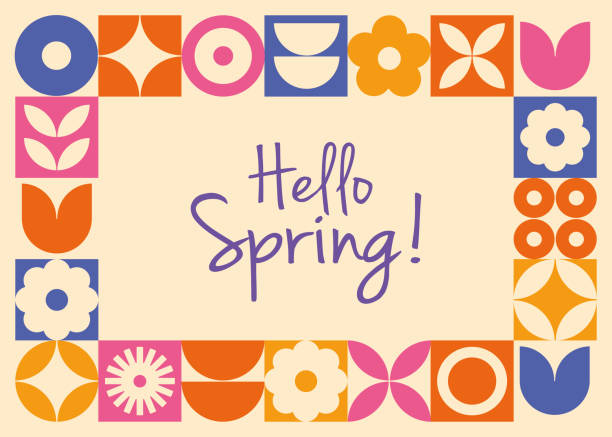 spring background with modern geometric flower frame. retro scandinavian style. - garden decoration stock illustrations