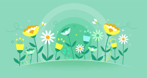 spring garden pattern with wildflowers, tulips and daisies - garden decoration stock illustrations