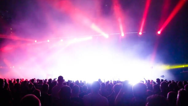 stage lights and crowd of people in rock concert - concert stock pictures, royalty-free photos & images