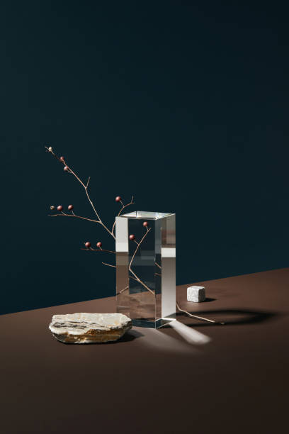 stage with empty natural podium made of white stones, glass prism and tree branch on dark blue and chocolate brown background. eco podium mock up with copy space. - home decoration stockfoto's en -beelden