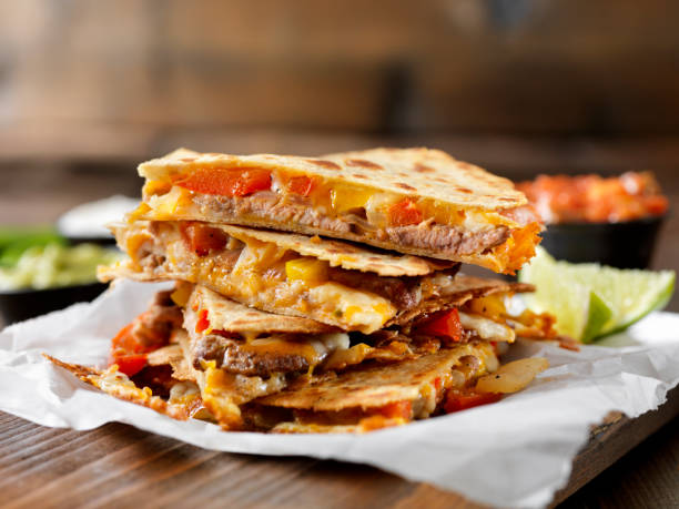 steak and pepper quesadilla - junk food stock pictures, royalty-free photos & images